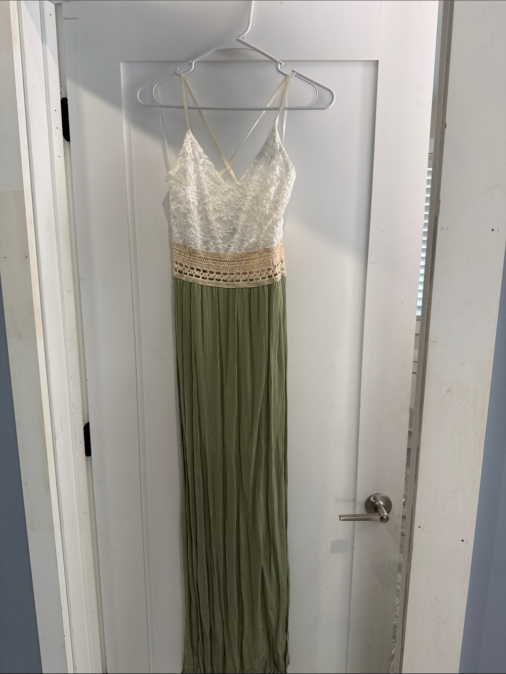 Windsor Olive Maxi Dress with Ivory Lace Top and Crochet Band